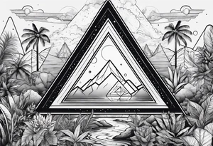 thick line art of space and jungle in triangle shape tattoo idea