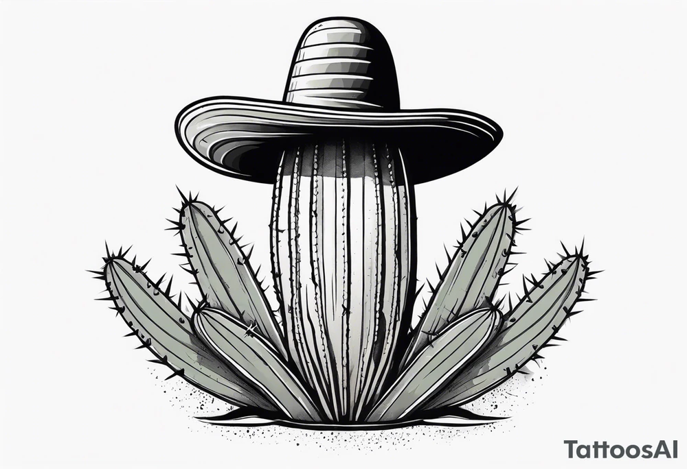 Cactus wearing a sombrero black and grey tattoo idea