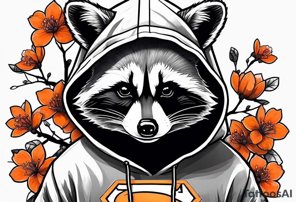 raccoon wearing a black and white Superman hoodie and orange Japanese cherry blossoms tattoo idea