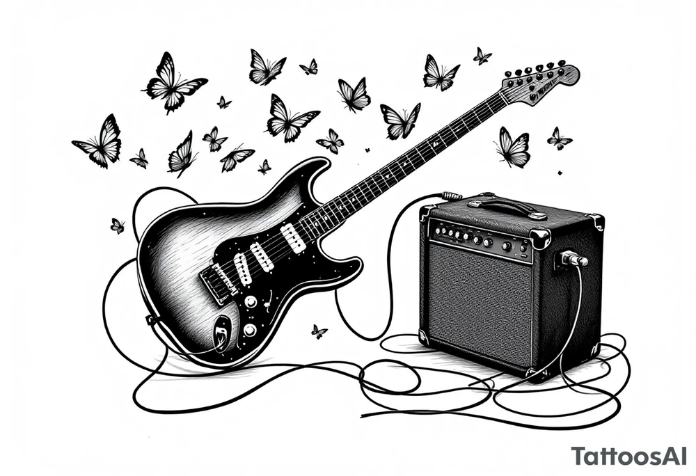 An electric guitar plugged into an amp with butterflies flying around it in memory of tattoo tattoo idea