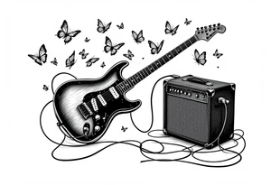 An electric guitar plugged into an amp with butterflies flying around it in memory of tattoo tattoo idea