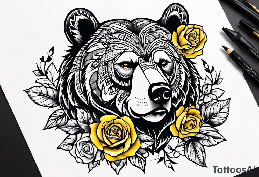 A tribal bear above a butterfly and yellow rose tattoo idea