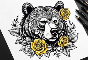 A tribal bear above a butterfly and yellow rose tattoo idea
