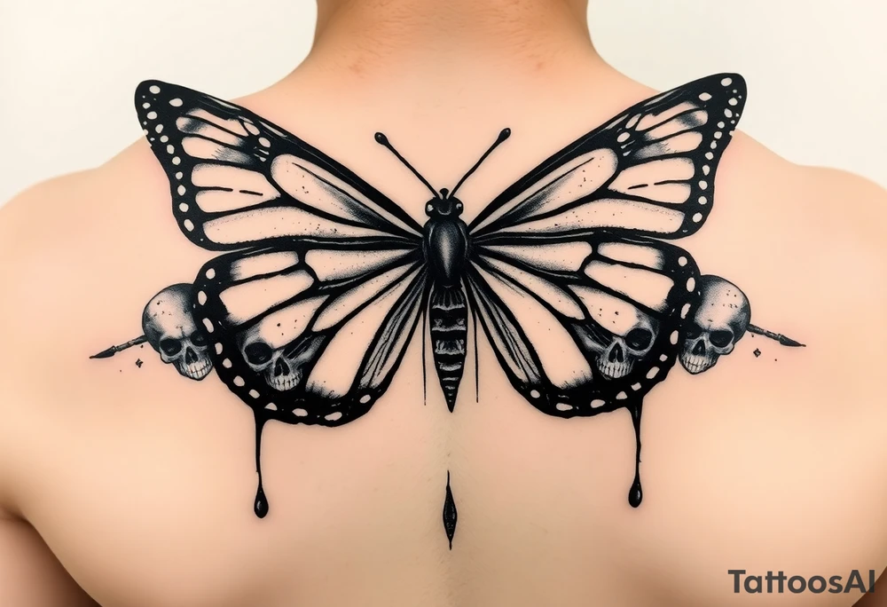 powerful majestic and dark monarch butterfly with skull detail in the wings
hidden skulls in wings, with a dripping effect tattoo idea