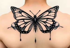 powerful majestic and dark monarch butterfly with skull detail in the wings
hidden skulls in wings, with a dripping effect tattoo idea