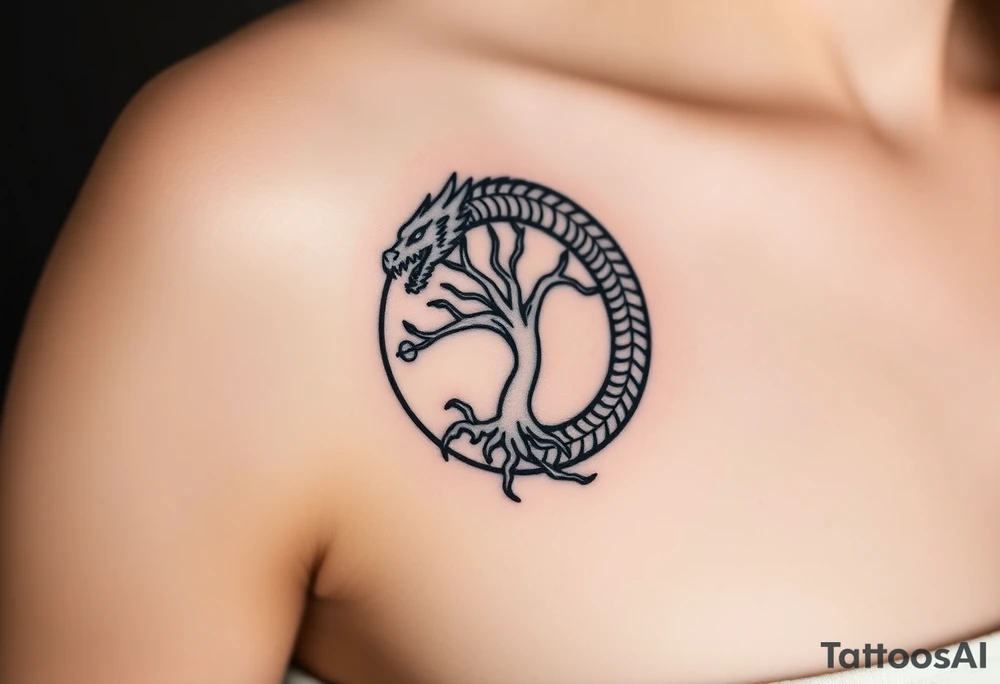 a dragon forming a circle with its body.  the dragon encircles the tree of life.   the tree of life has fruit  and the dragon is eating the fruit. the roots of the tree are strangling the tail of the dragon tattoo idea