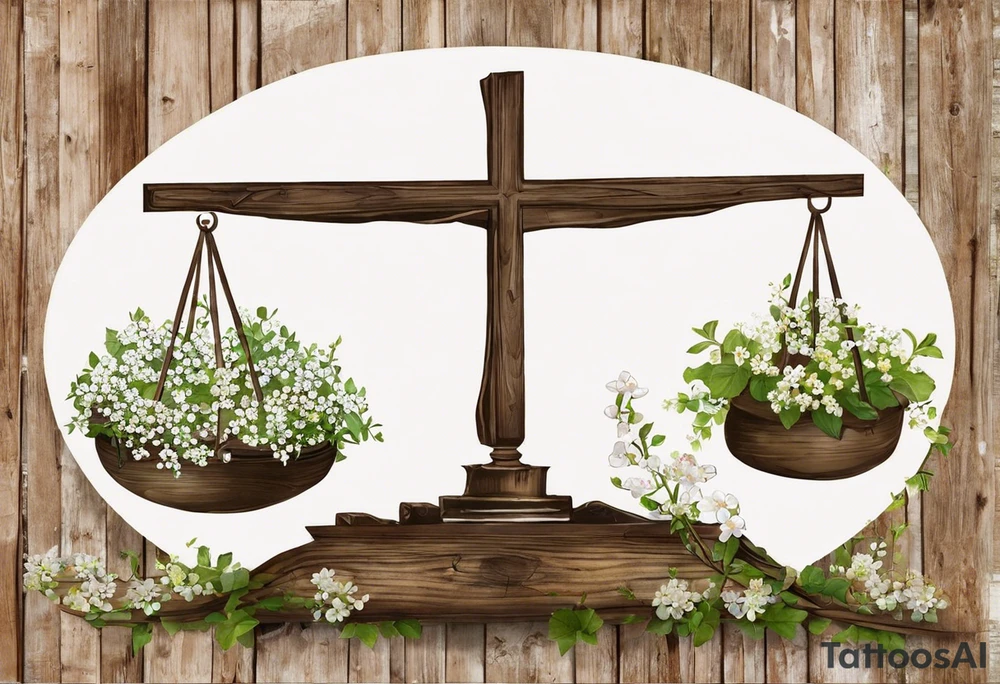 I need you to draw me a old libra scale out of tattered wood. The ends of the cross of wood need to be  broken. I need the bottom to look tattered possible cracks and holes  in wood of scale. I need vines with little white flowers wrapped all the way up the scale across the wood beam. And I want the scale bowls need to be attached by the vines. And I want the two weights of the scale to be wooden as well. They also need to look tattered. The weights need to be fastened on by the vines. I need to make it look like the ends of the vines on both scales is just loosely. I need to incorporate pieces koi fish in beautiful blues greens, and pinks.The fish need to be one on each scale balancing the scale and the tail of the left on, pointing down. the beautiful fish tail fins needs to be covering part of the tattered piece and the fish on the rights tail will be facing unpard with the fin of beauty starting to court the same pic the pieces fish need to be placed in the scale bowls the need to of large size to so theyv  Fill each scale and are currently out of it tattoo idea