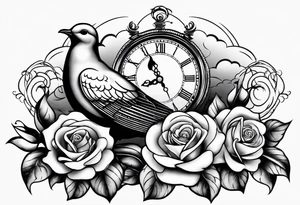 Dove with a clock and rose in clouds tattoo idea