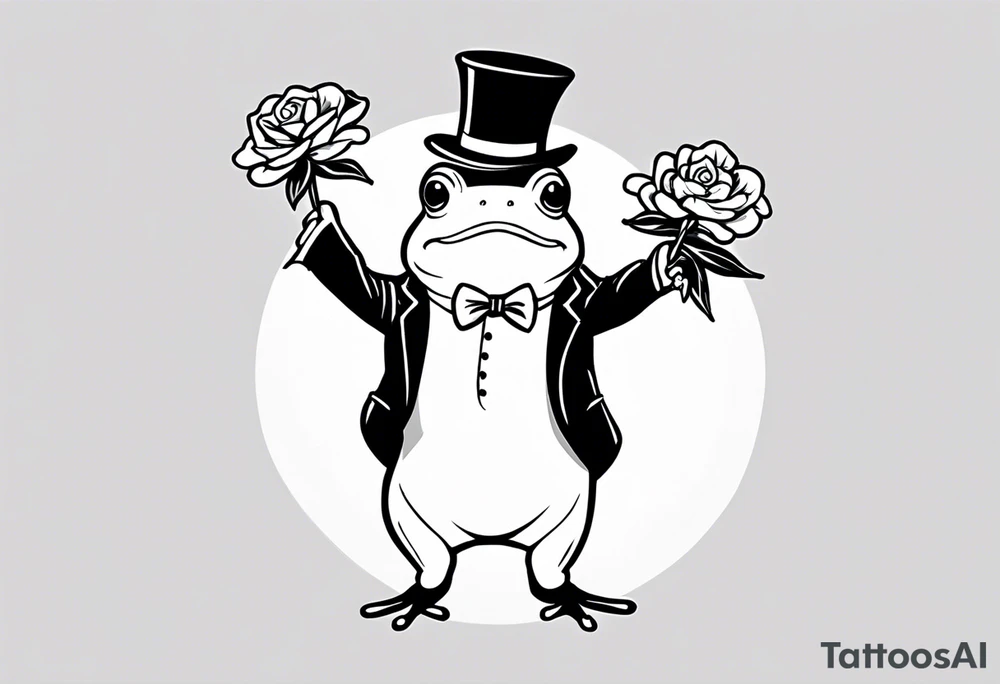 Cute toad standing on back legs  in a top hat and a formal suit holding flowers to go on a date tattoo idea