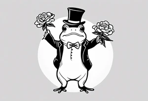 Cute toad standing on back legs  in a top hat and a formal suit holding flowers to go on a date tattoo idea