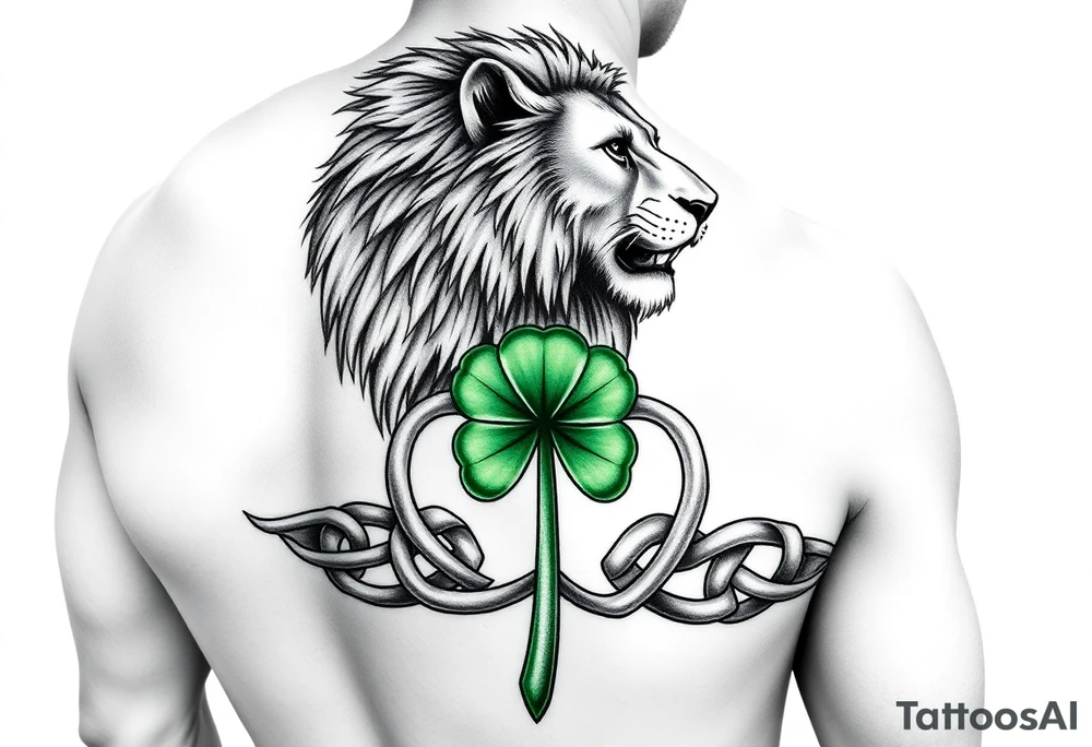Create a men's half-sleeve tattoo with a powerful majestic lion at the top of the shoulder, extend the bottom of the lion's mane to become open and shaded Celtic knots that travel down the arm with a ribbon twist. At the twist, create a Celtic shamrock with green peridot jewel petals and an organic stem. Continue the knots to intersect with a Celtic warrior armband that wraps the arm just above the elbow. tattoo idea