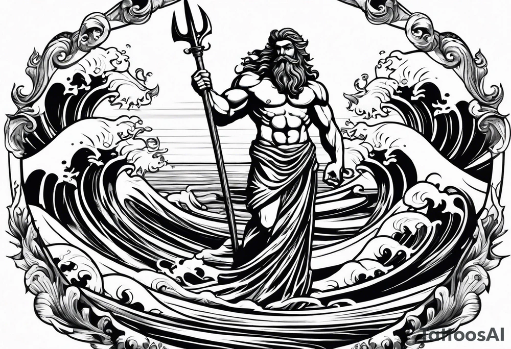 An image of Poseidon holding his trident with waves in the background. tattoo idea