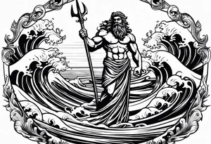 An image of Poseidon holding his trident with waves in the background. tattoo idea