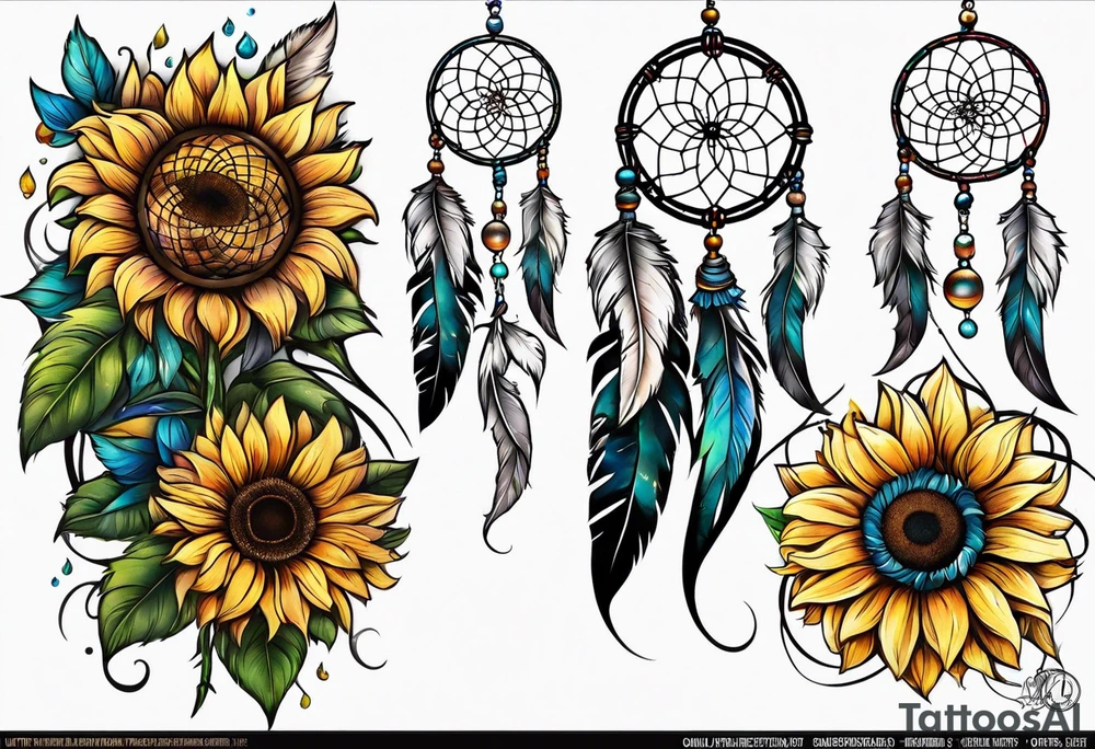 Dreamcatcher and sunflowers forearm sleeve tattoo idea