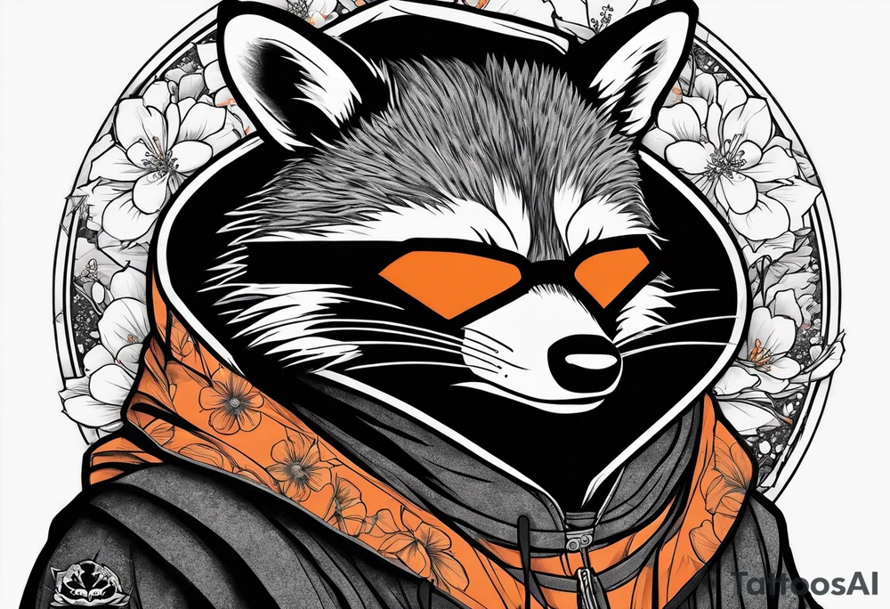 Raccoon wearing a white Superman logo on a black hoodie and orange Japanese cherry blossoms tattoo idea