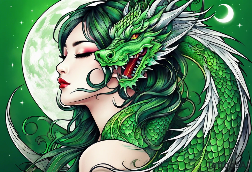 Moon fairy green dragon tattoo idea