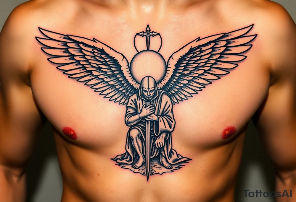 An angelic figure with massive wings standing behind a kneeling Templar, her hand resting on his shoulder in divine guidance tattoo idea