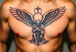 An angelic figure with massive wings standing behind a kneeling Templar, her hand resting on his shoulder in divine guidance tattoo idea