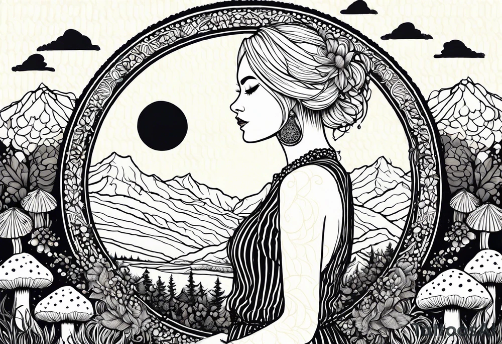 Straight blonde hair girl holding mushrooms in hand meditating facing away toward mountains surrounded by mushrooms crescent moon mandala circular design black and white striped dress tattoo idea