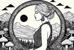 Straight blonde hair girl holding mushrooms in hand meditating facing away toward mountains surrounded by mushrooms crescent moon mandala circular design black and white striped dress tattoo idea