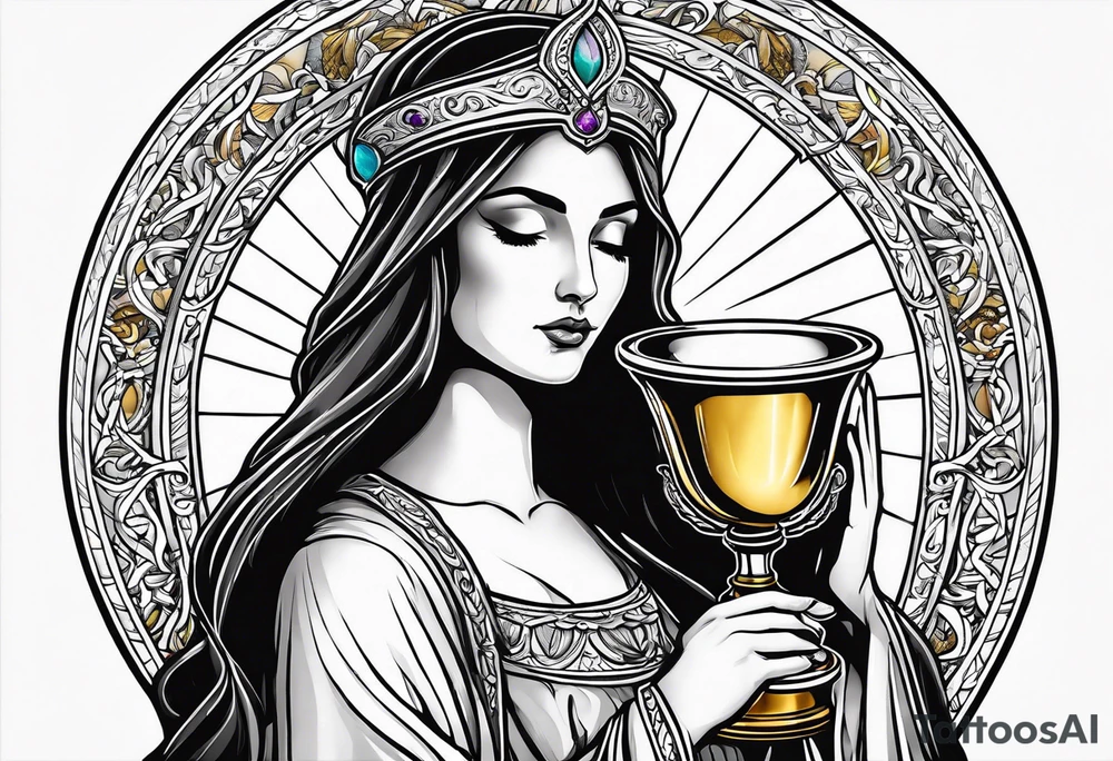 holy saint woman turned away with golden halo holding a chalice tattoo idea