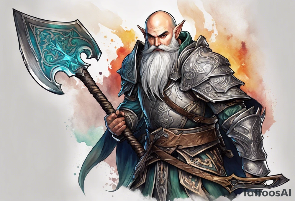 a full-body picture of a human elf, bearded bald male, paladin, holding a battle axe, on my left forearm tattoo idea