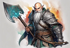 a full-body picture of a human elf, bearded bald male, paladin, holding a battle axe, on my left forearm tattoo idea