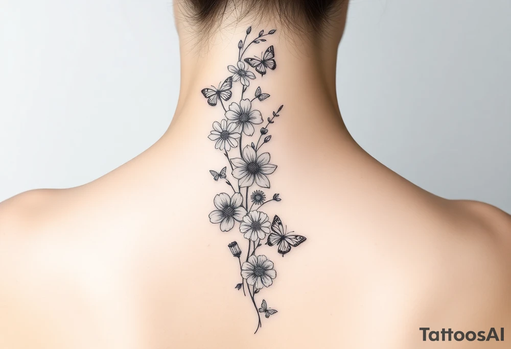 Simple and delicate Delphinium, violet, narcissus, rose, daisy bouquet vertically down the spine not connected with small butterflies tattoo idea