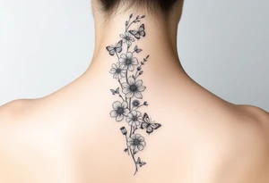 Simple and delicate Delphinium, violet, narcissus, rose, daisy bouquet vertically down the spine not connected with small butterflies tattoo idea