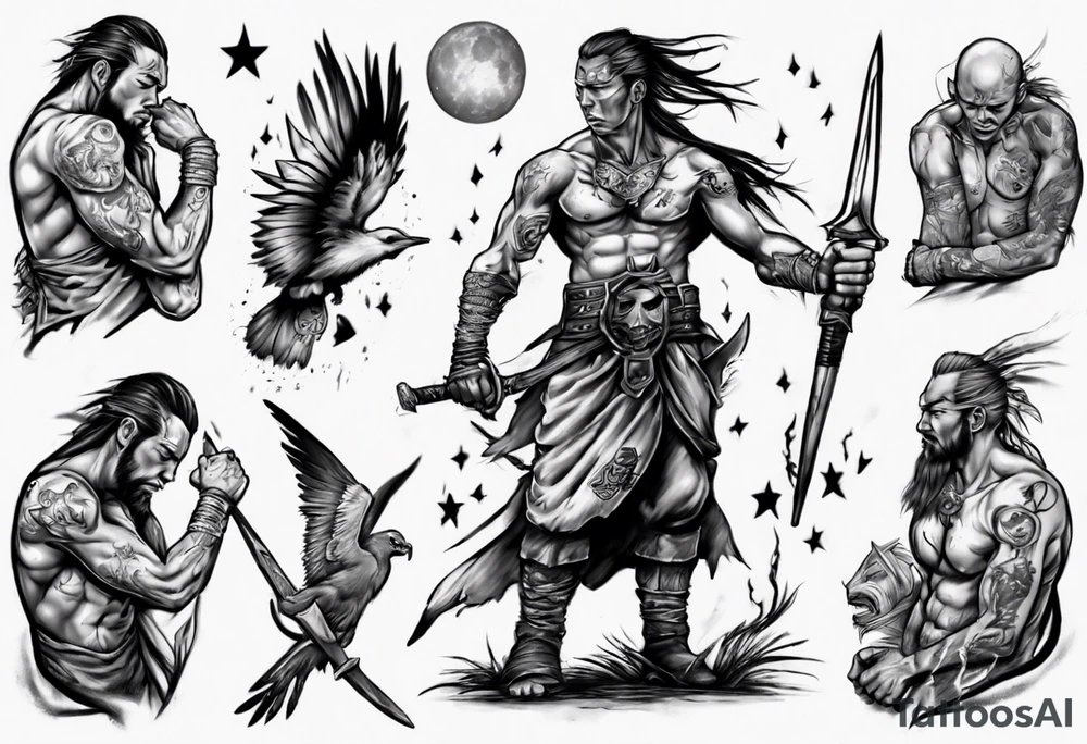 heartbroken, tired, warrior seeking peace after fighting for decades under the moonlight tattoo idea