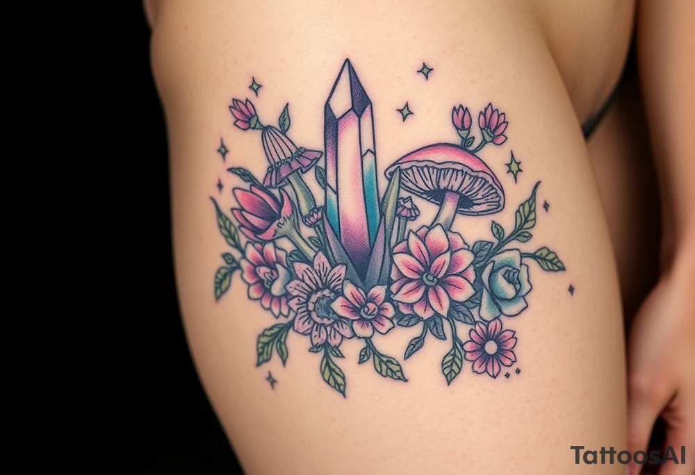 psychedelic  tattoo with crystals and  flowers and mushrooms tattoo idea