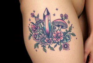 psychedelic  tattoo with crystals and  flowers and mushrooms tattoo idea