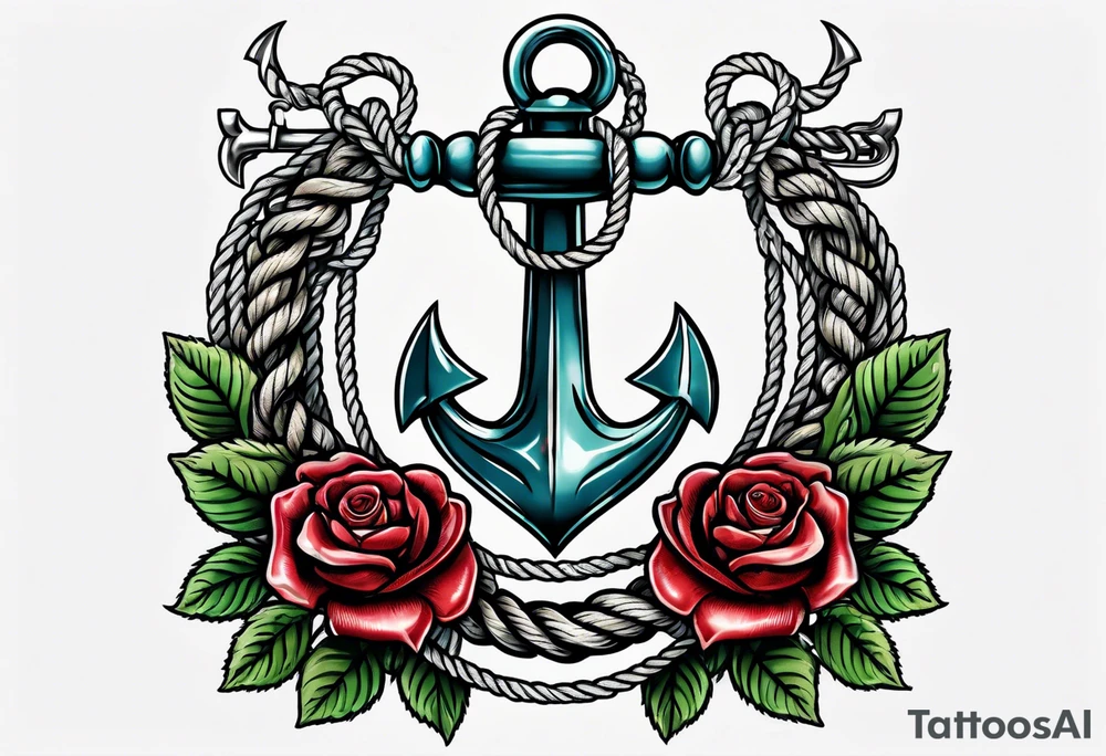 old school anchor with rope wrapped around anchor and banner across anchor and old school roses tattoo idea