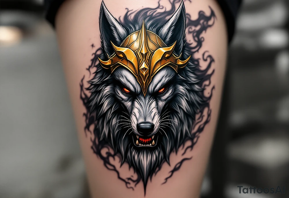 Radegast – A fierce full body warrior god with a wolf head, wearing a golden horned helmet, his armor shimmering in silver-gray, with blood-red eyes and smoke behind. tattoo idea