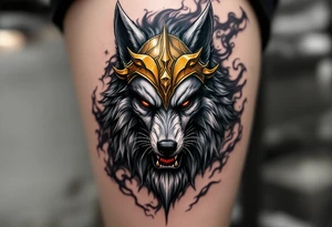 Radegast – A fierce full body warrior god with a wolf head, wearing a golden horned helmet, his armor shimmering in silver-gray, with blood-red eyes and smoke behind. tattoo idea