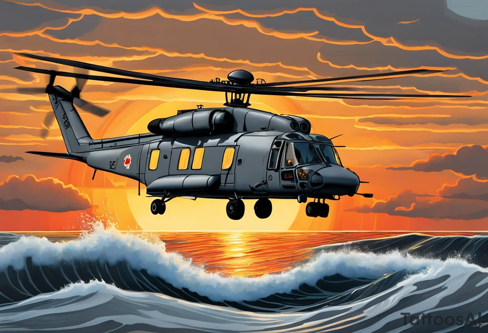 Canadian military grey CH-148 Cyclone helicopter soaring low over rough, ocean waves. The sun is setting, casting a dramatic glow on the scene with realistic clouds and a specular reflection of the helicopter on the water. The helicopter should be the main focus, with intricate details and a sense of motion. In the background, a poppy be prominently displayed tattoo idea