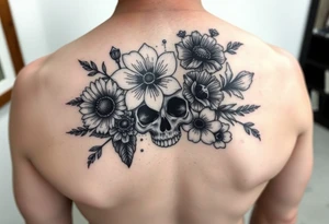 Dark gothic florals with daisies, poppies,  white narcissus, sweet peas and gladiolus with a skull tattoo idea