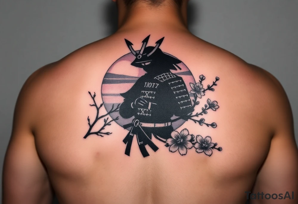 noble samurai warrior silhouette at sunset with cherry blossoms tattoo idea