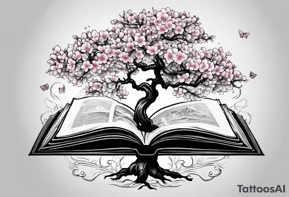 Cherry blossom tree growing out of an open book tattoo idea