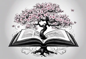Cherry blossom tree growing out of an open book tattoo idea