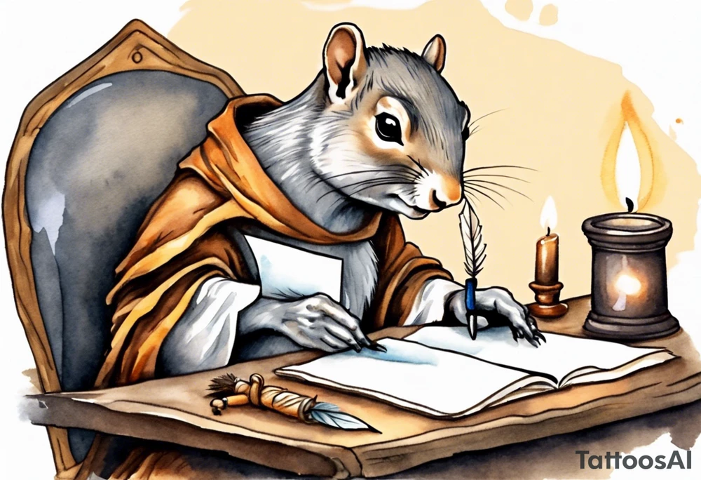 an elderly grey squirrel dressed in a monk robe sitting at a desk in the dark holding a feather quill writing a letter by candlelight tattoo idea