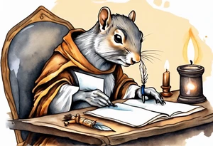 an elderly grey squirrel dressed in a monk robe sitting at a desk in the dark holding a feather quill writing a letter by candlelight tattoo idea