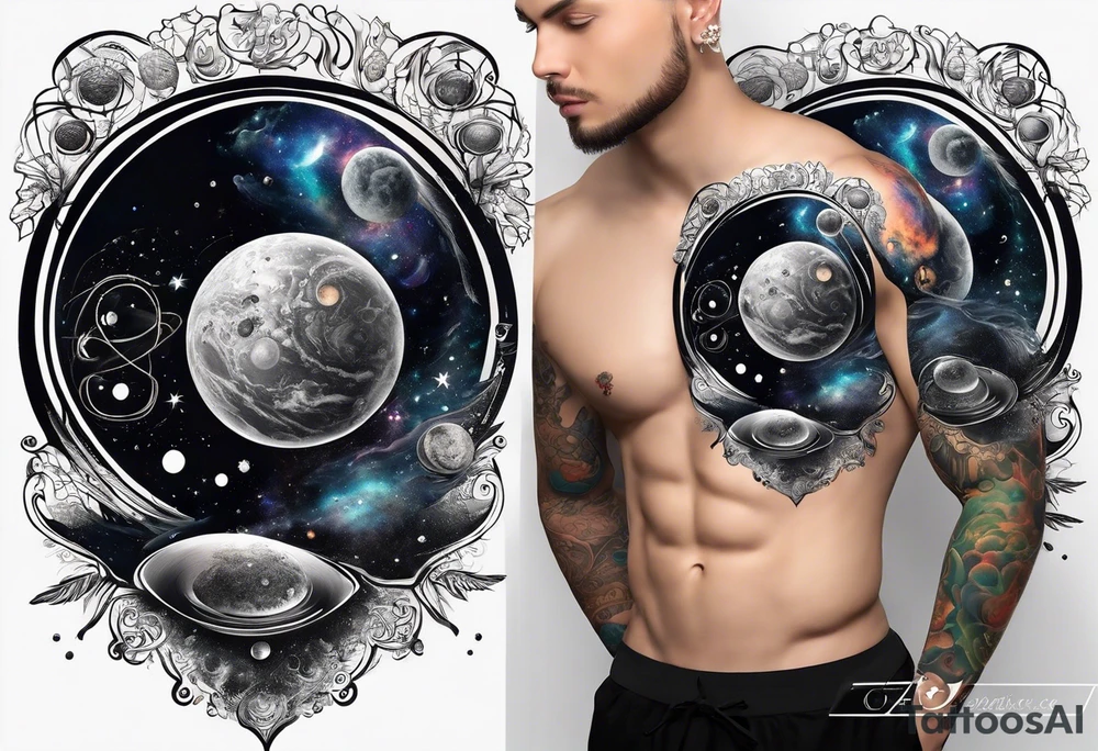 A tattoo featuring a cosmic scene with planets, black holes, and supernovae intertwined with intricate linguistic symbols, reflecting the client's interests in cosmology and linguistics. tattoo idea