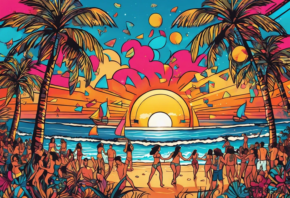 1970'S BEACH DANCE PARTY 
party, include confetti, music notes, 
, bikinis sunset in the center tattoo idea