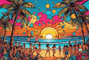 1970'S BEACH DANCE PARTY 
party, include confetti, music notes, 
, bikinis sunset in the center tattoo idea