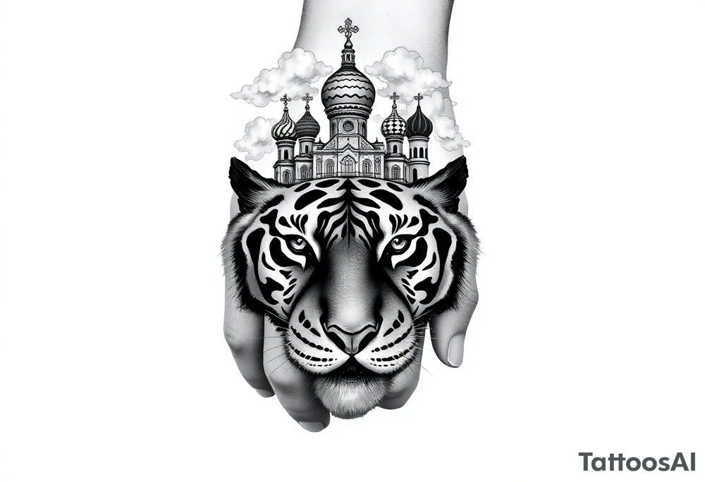 Realistic tiger face on the back of the hand with strong contrast and fine detail with its eyes completely black. with a highly detailed Russian Orthodox cathedral sitting above on fore arm with onion domes and orthodox crosses, done in fine line, engraving-like style. Cohesive composition, black ink only, no color, high contrast, slightly aged, documentary-style, plain light background. with clouds above and a virgin mary 
spanning from my hand to lower fore arm tattoo idea