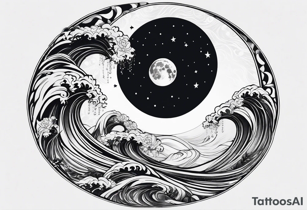 Diligent of two people on water with moon tattoo idea