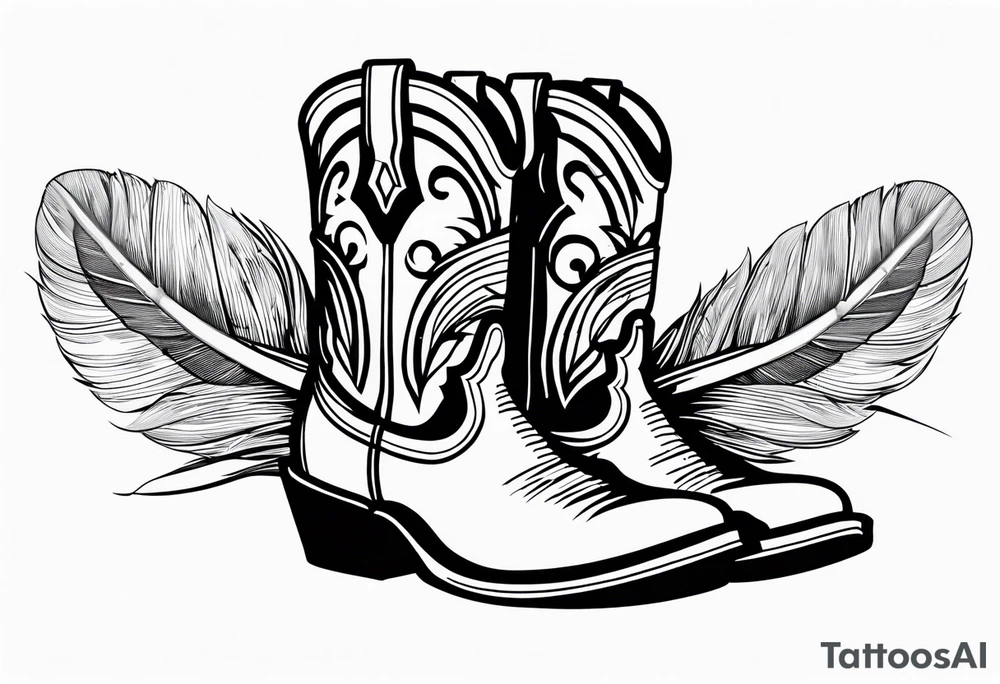 Boots with barbed wire wrapped around and a Indian feather hanging off the wire cowboy hat hanging off the boots tattoo idea