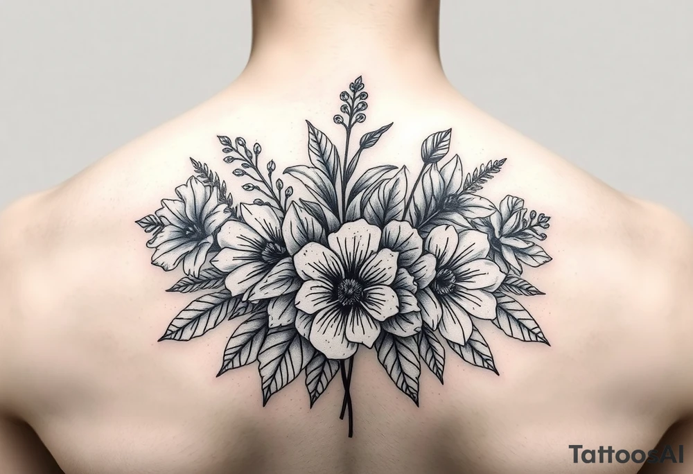 Bouquet of birth flowers of months of march April may July September and October tattoo idea