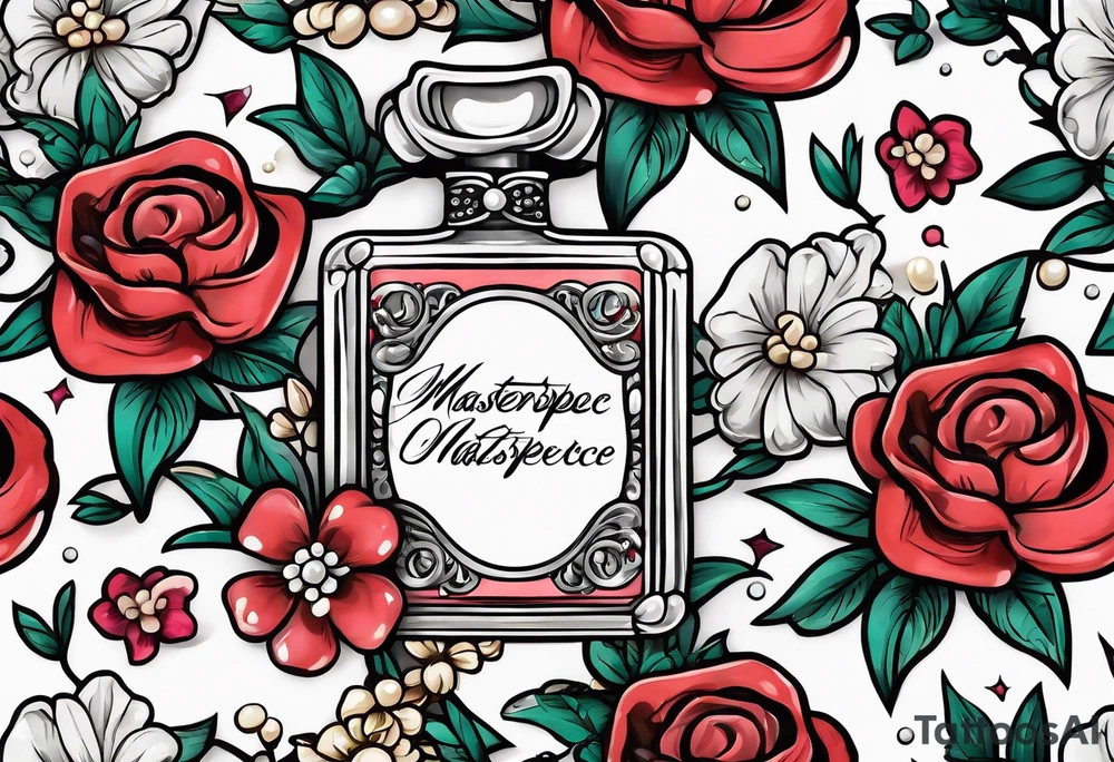Pearl necklace wrapped around 1950s perfume bottle with flowers and bows surrounding tattoo idea
